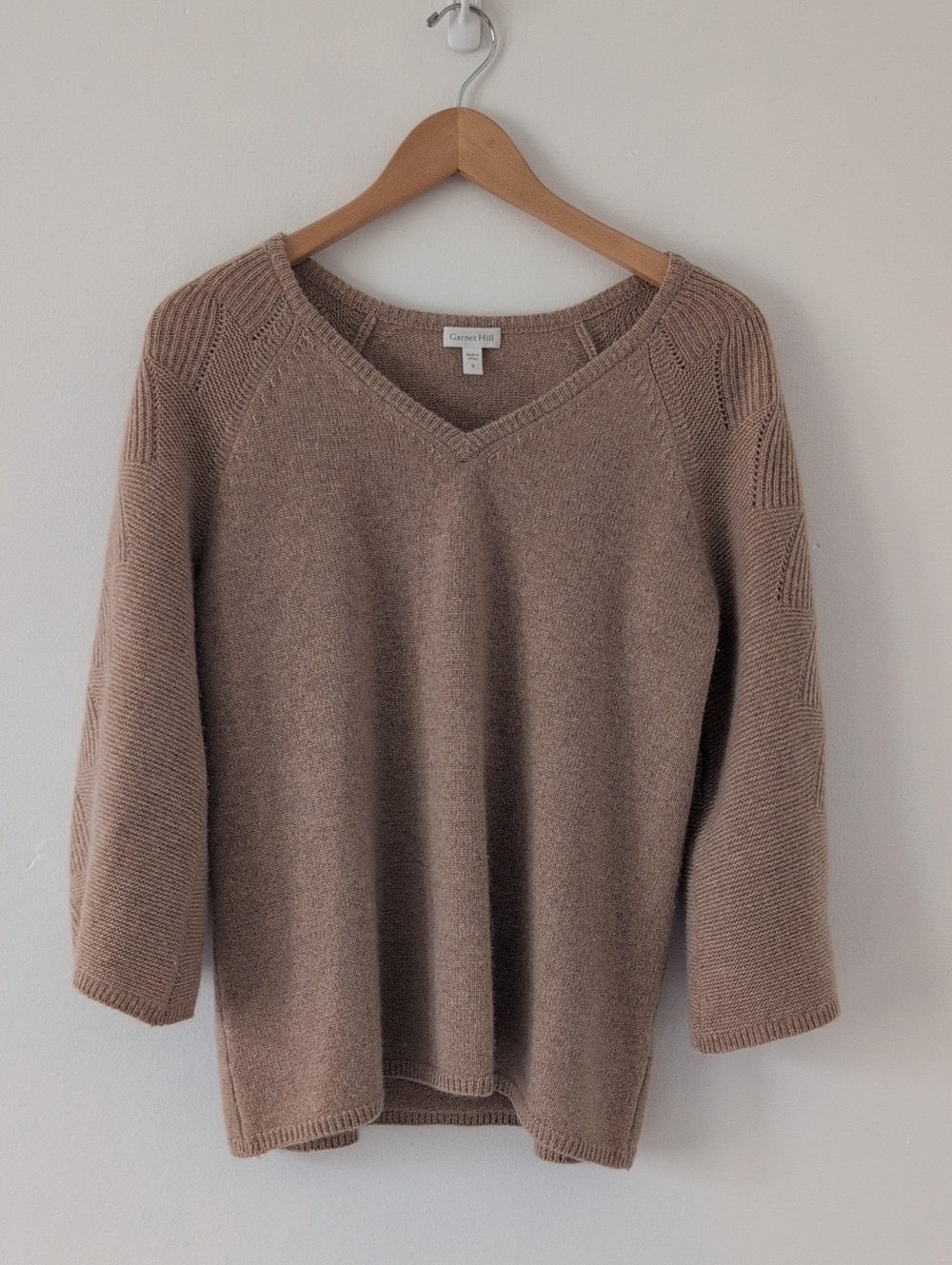 Garnet Hill Cashmere V-Neck Sweater 3/4 Sleeve Baggy Boho in Taupe Sz. Small